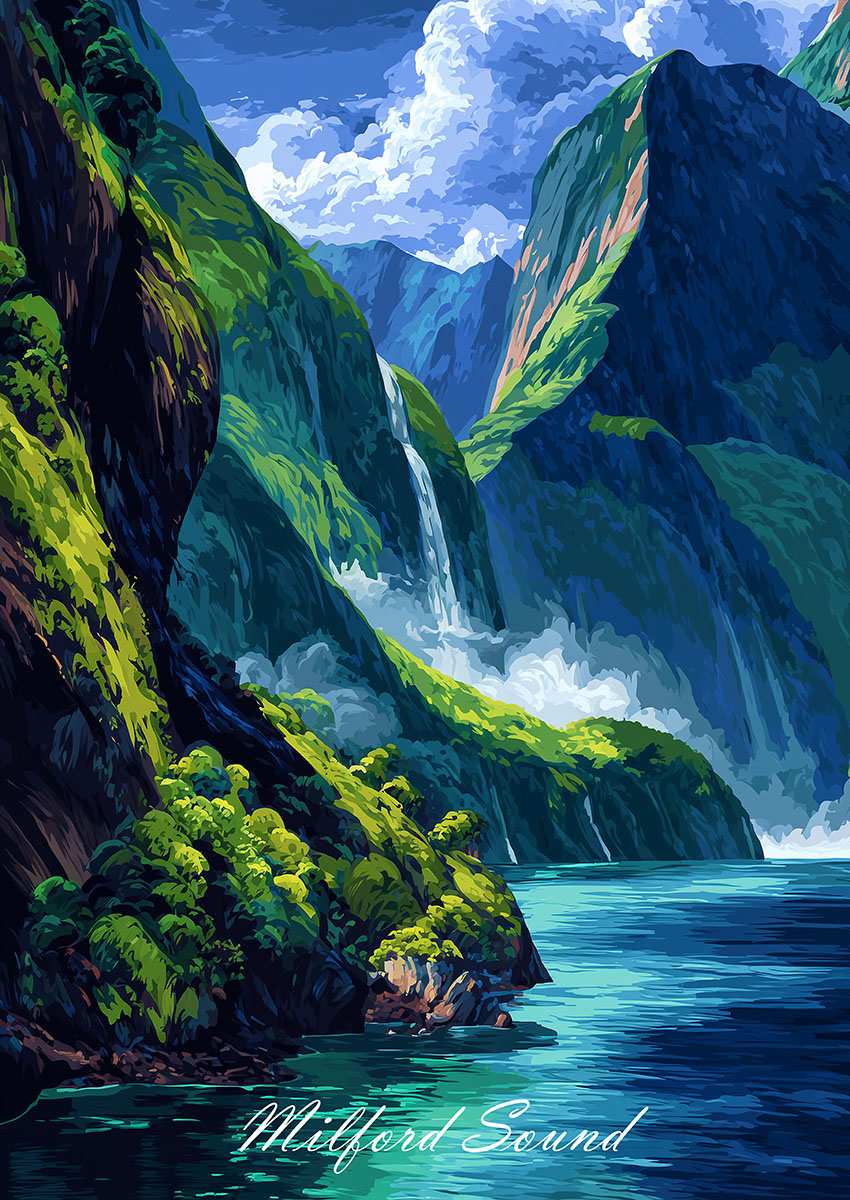 Vibrant artwork of Milford Sound showcasing green mountains and tranquil waters.